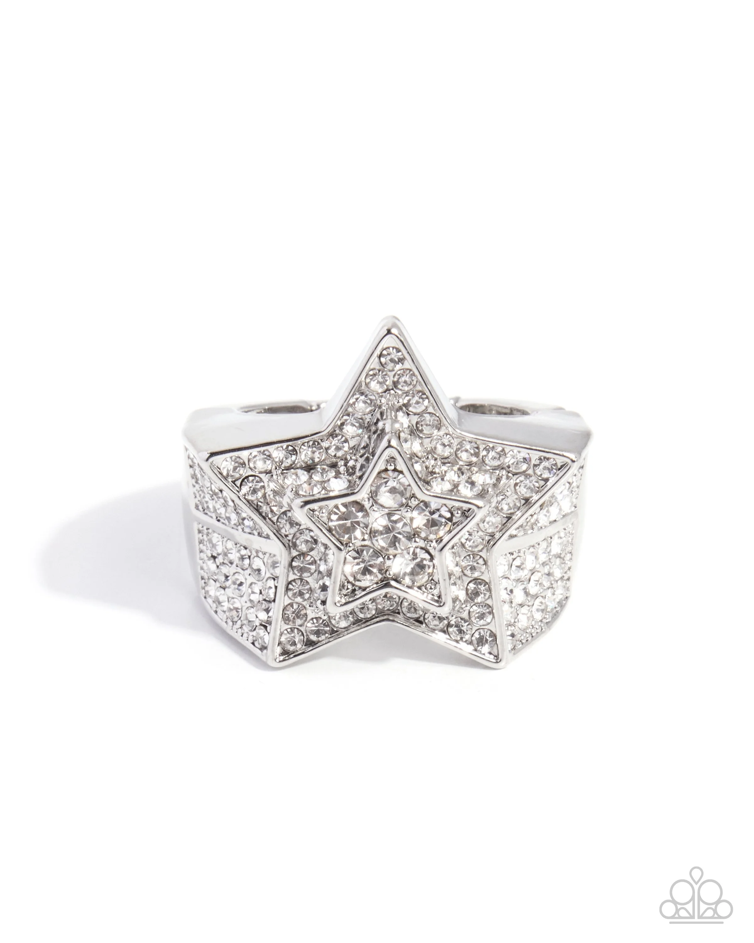 Swanky Stars-Layered Silver Stars, White Rhinestone, Silver Colored Ring