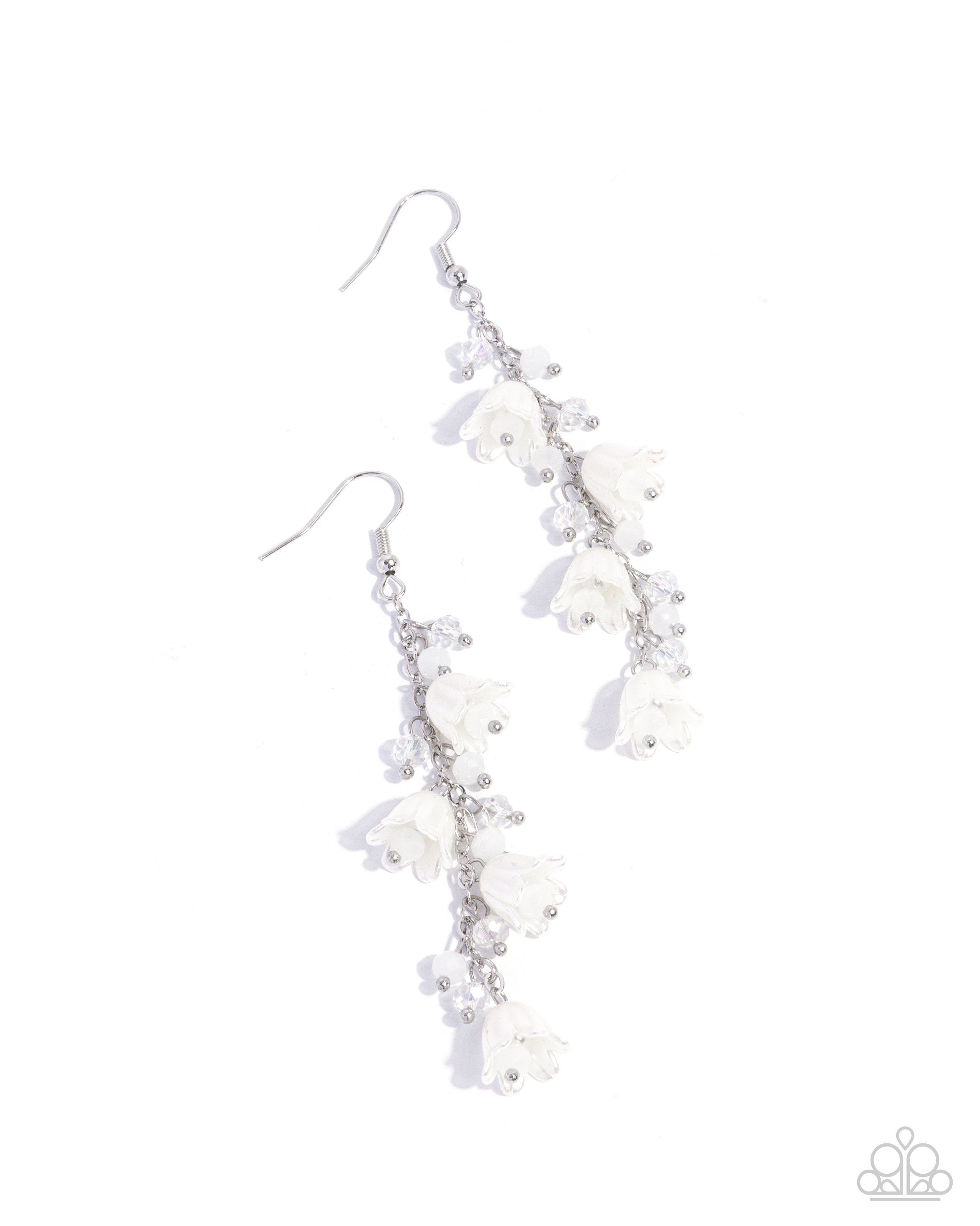 Snow Drops-Linear White Pearly Tulip Earrings with Faceted White Bead and Silver Colored Studded Centers Earrings Accented by White and Iridescent Beads