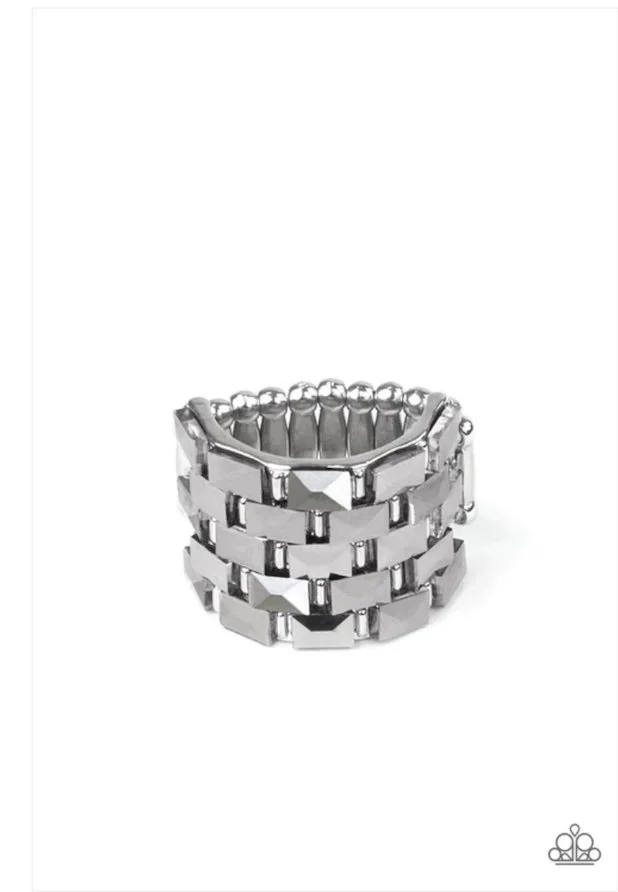 Checkered Couture-Staggered, Checkered Hematite Rhinestone, Silver Colored Ring