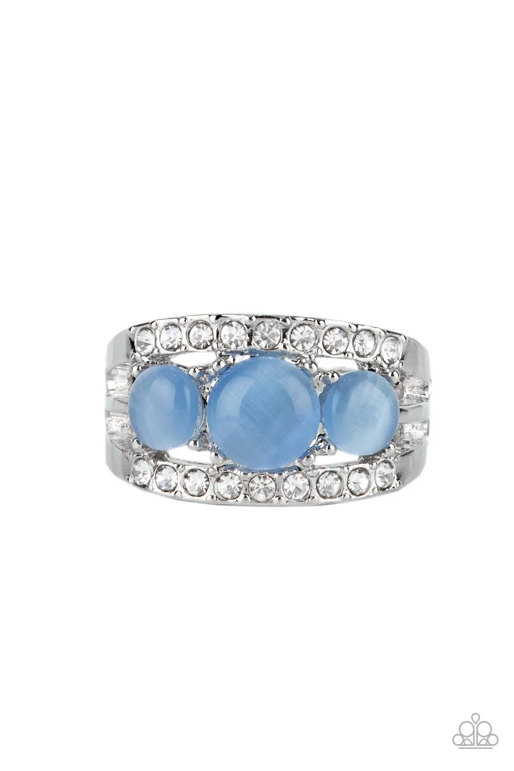 Majestically Mythic-Cerulean Blue Cat's Eye Stone, White Rhinestone, Silver Colored Ring