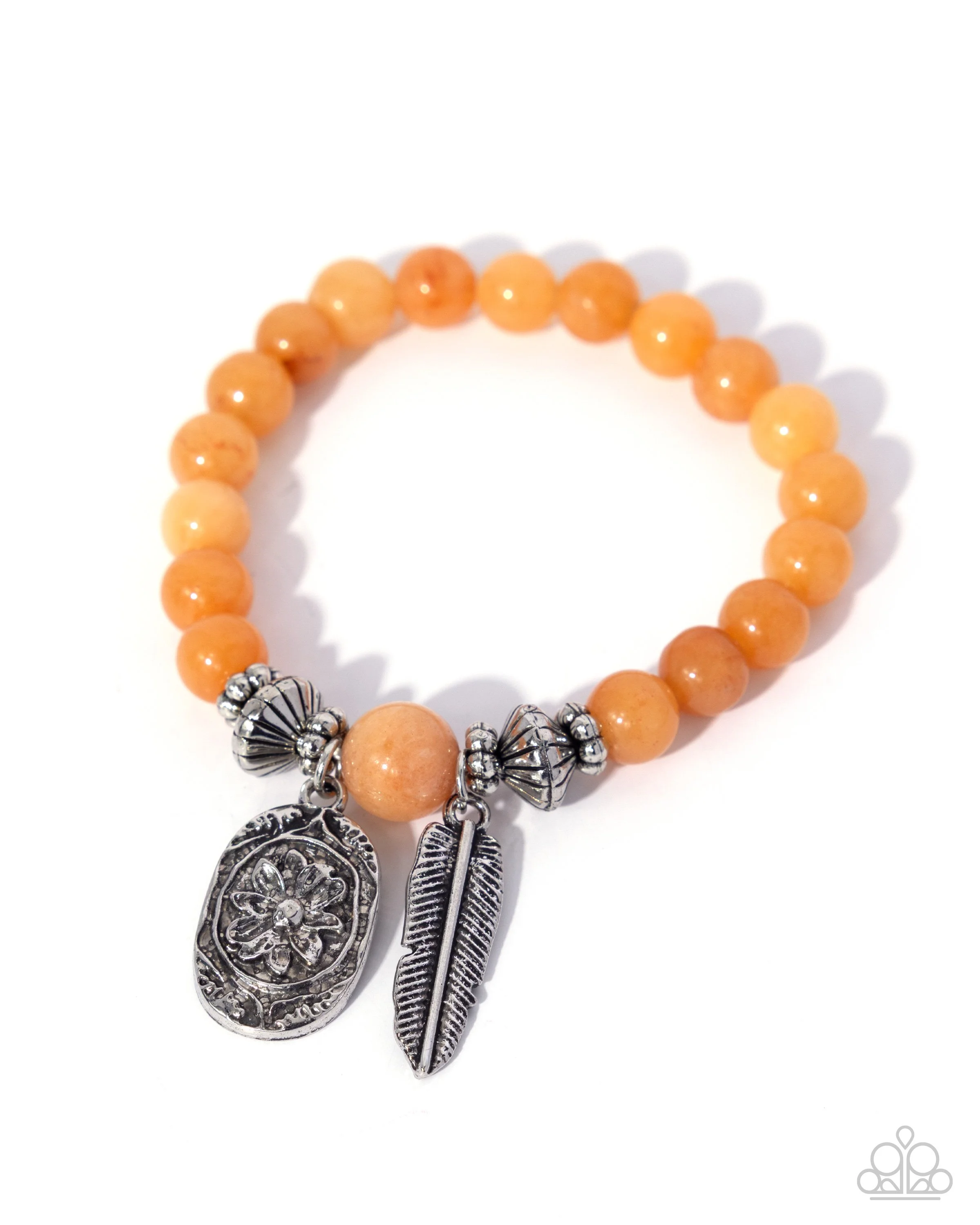 Rustic Rubato-Stretchy Orange Stone Bracelet with Silver Colored Beaded Accent, Embellished Floral Accent and Silver Colored Feather Accent