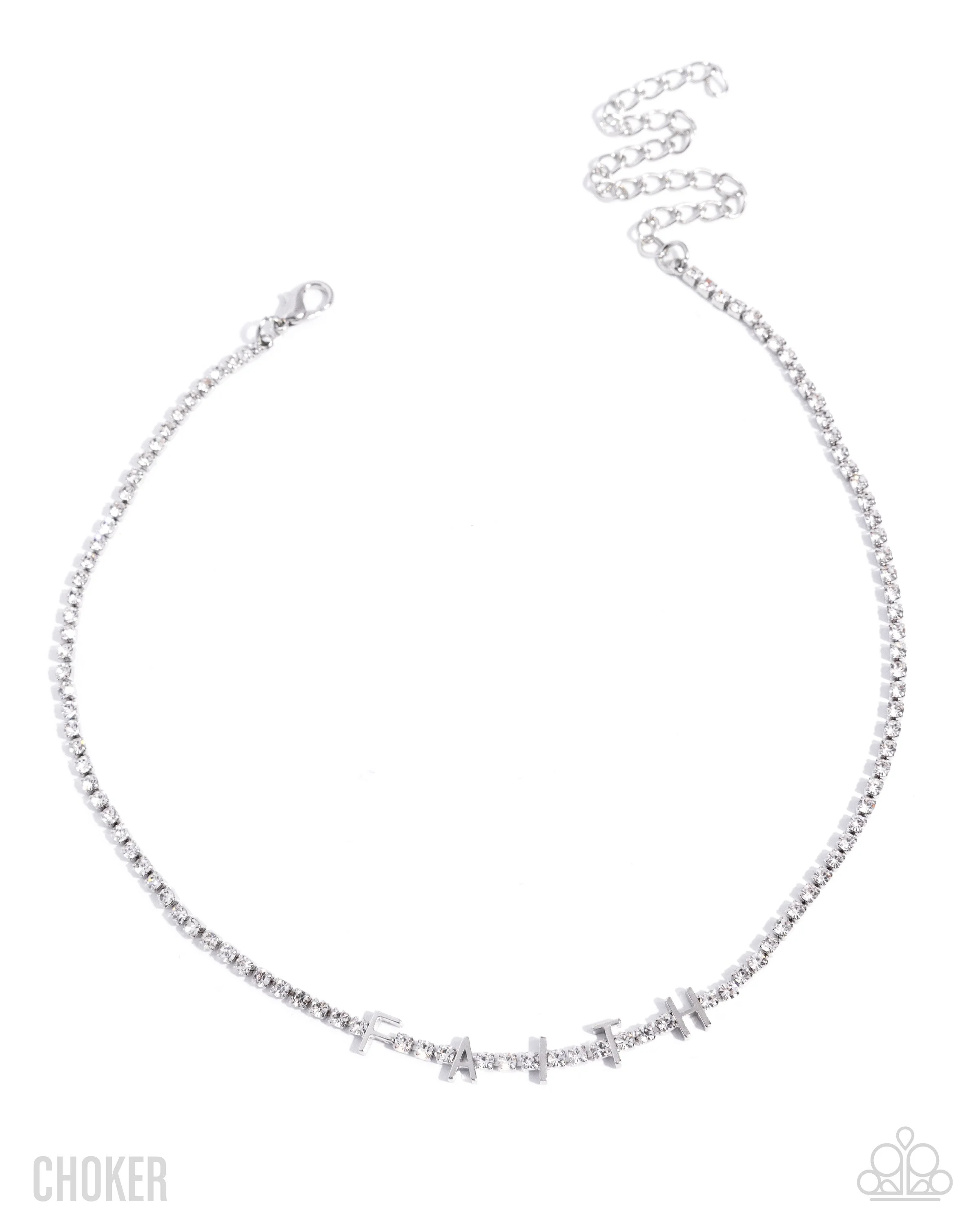 Favorable Faith-White Rhinestone, Silver Colored Choker Styled Necklace with the word of "FAITH" with White Rhinestone Accents and Matching Earrings
