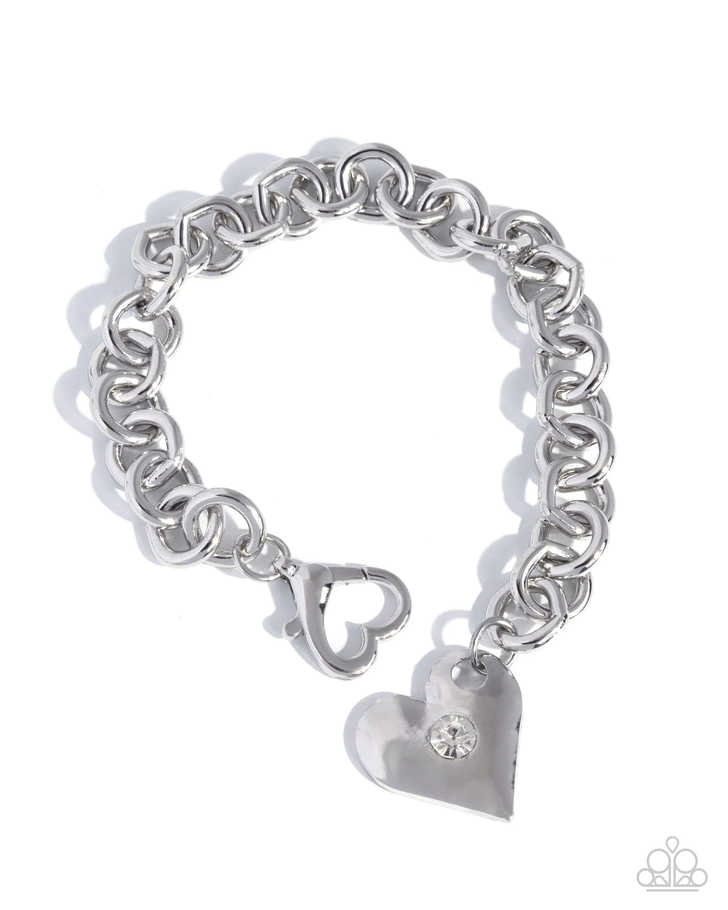 Full of Affection-White Rhinestone, Silver Colored Heart-Shaped Bracelet with a Clasp Closure and Extender