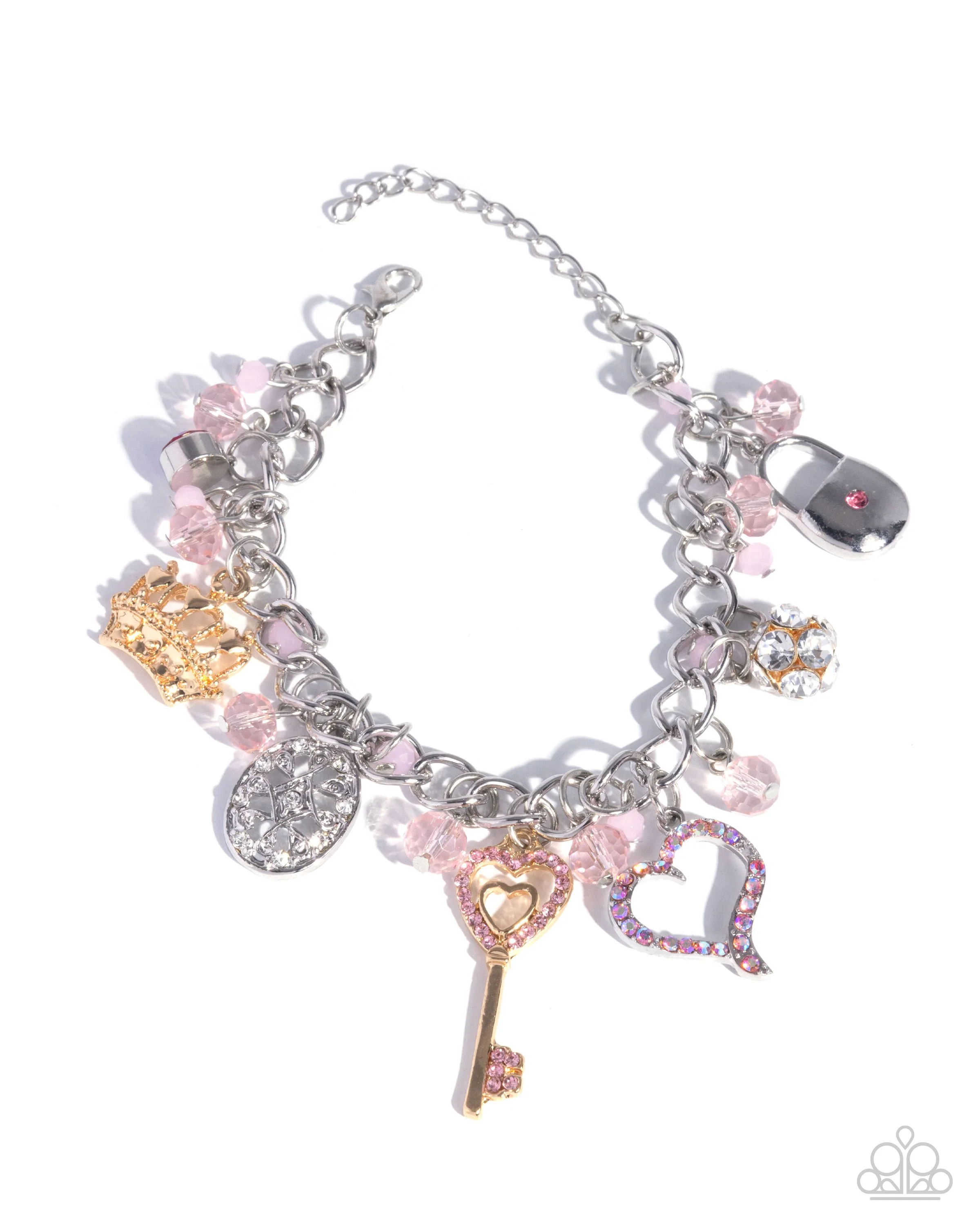 Queen of the Party-Silver Colored Charm Bracelet with Pink Rhinestone Key, Pink Rhinestone Heart-Shaped Charm, Silver Colored Purse with Pink Rhinestone Accents, Gold Colored Crown with Clasp Closure