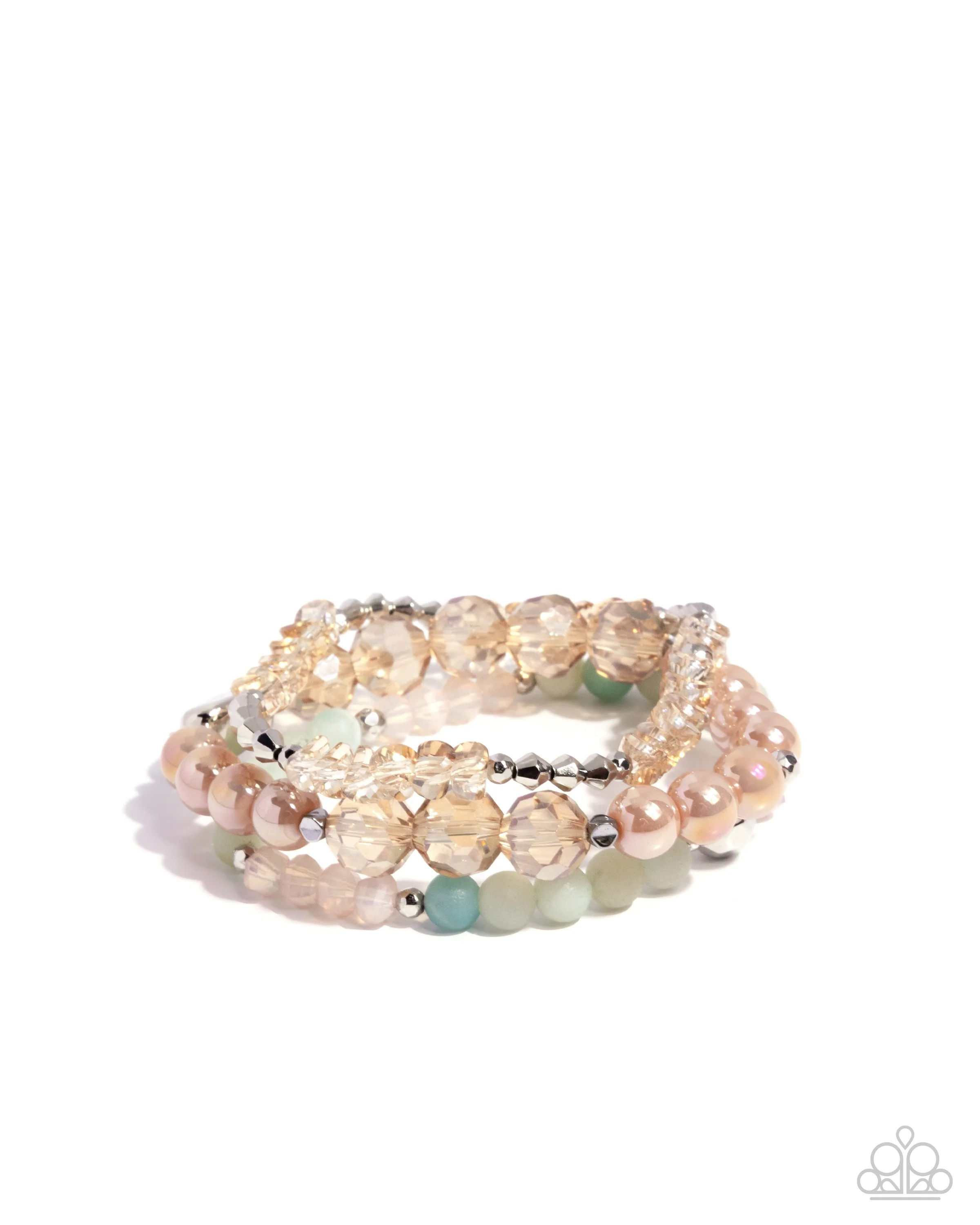 Proper Play-Stretchy Blue Stone, Peach and Iridescent Beads with Silver Colored Accents
