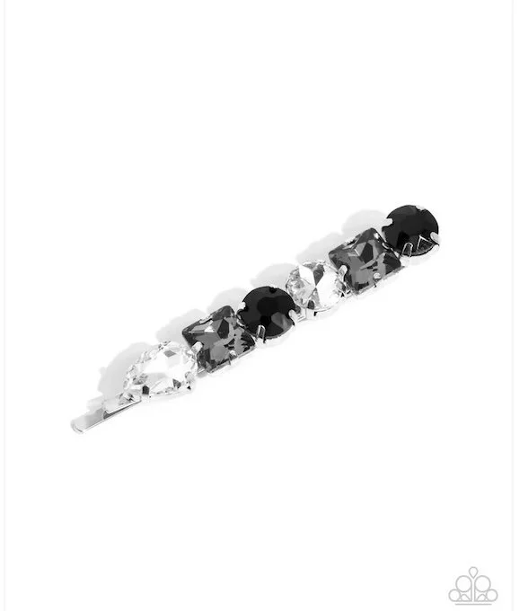 Emblazened Elegance-Black and White Rhinestone, Decorative Silver Colored Bobby Pin