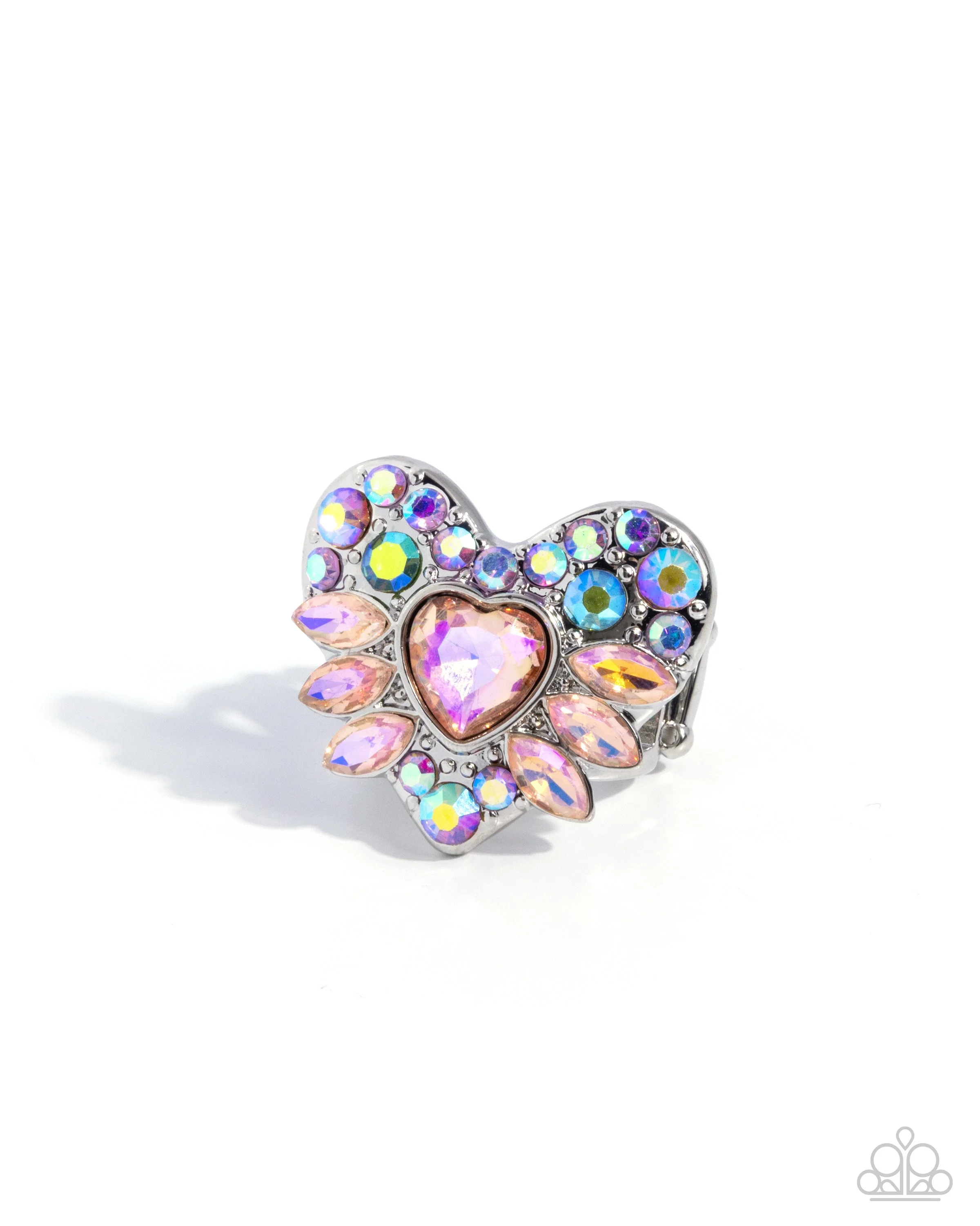 Cupid Color-Heart-Shaped, Opalescent Orange Center Rhinestone with Multicolored Rhinestones, Silver Colored Ring