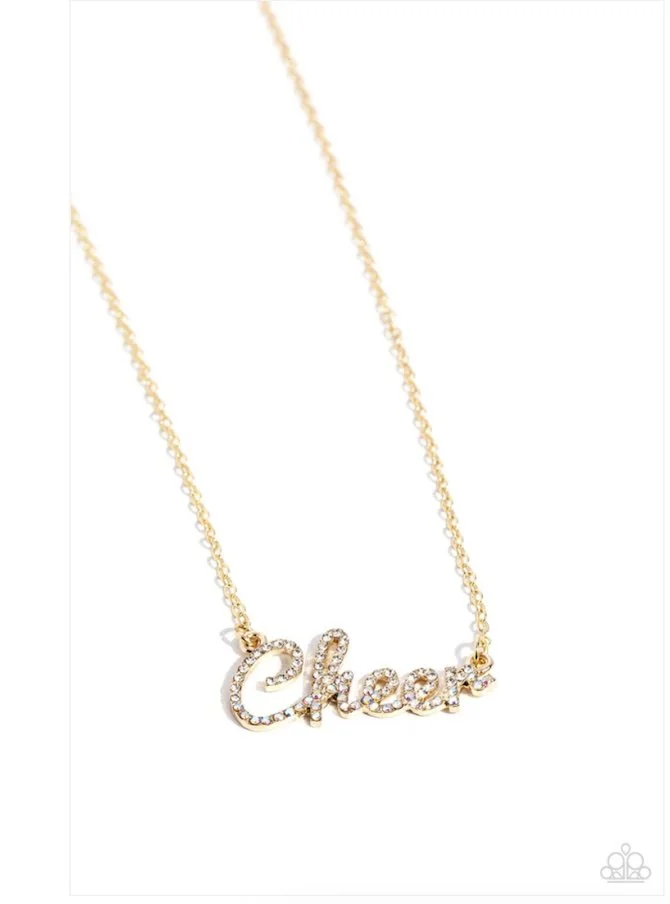 Cheer Squad-Gold Colored Necklace with the word "Cheer" White Rhinestone Necklace and Earring Set