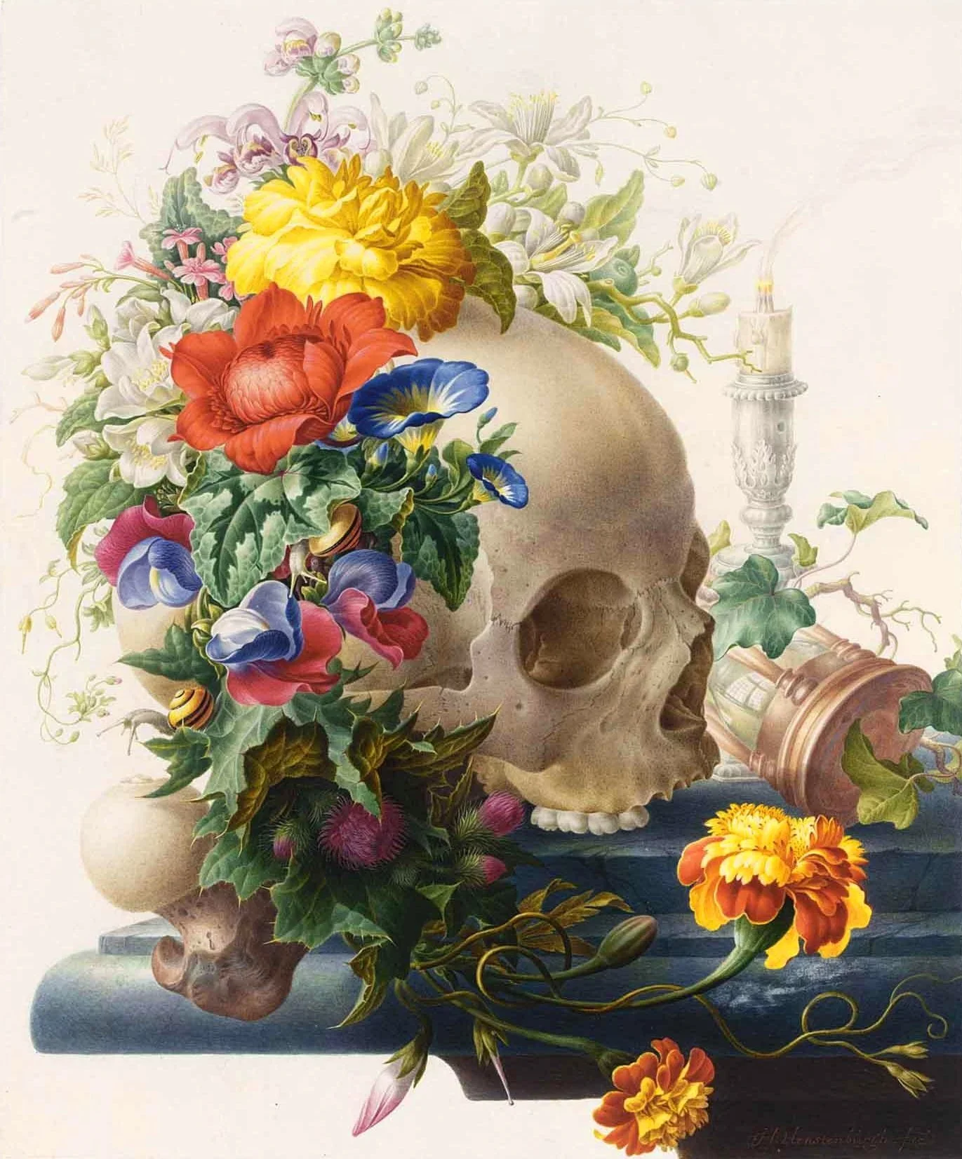 Vanitas-Still-Life-with-a-Skull-Wreathed-with-Flowers-I-Herman-Henstenburgh-oil-painting.jpeg