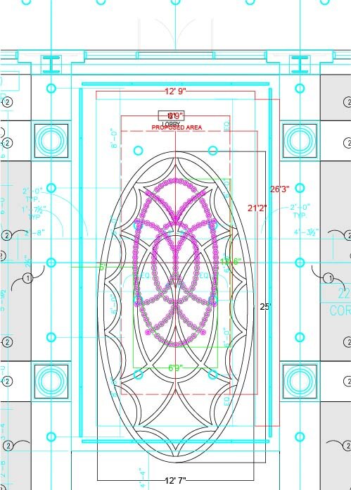  a CAD plan comparing the glass layout to the existing floor medallion 