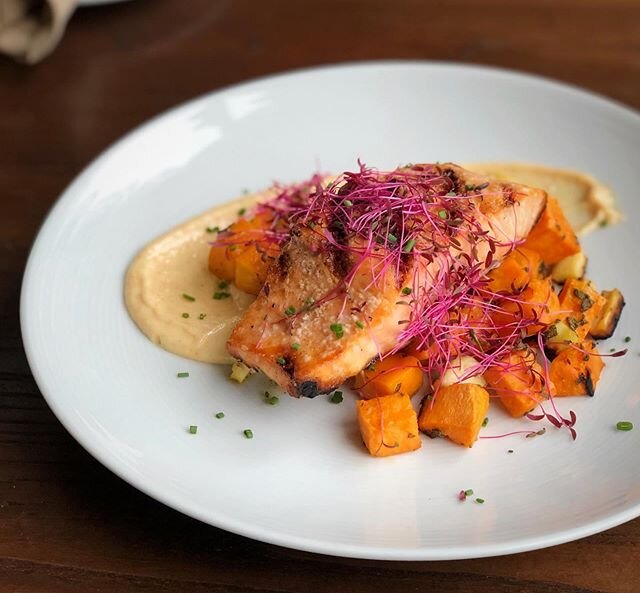 Tonight&rsquo;s #MarketFish!
&bull;
Grilled Salmon // sage roasted parsnip &amp; sweet potato, horseradish aioli, micro red amaranth