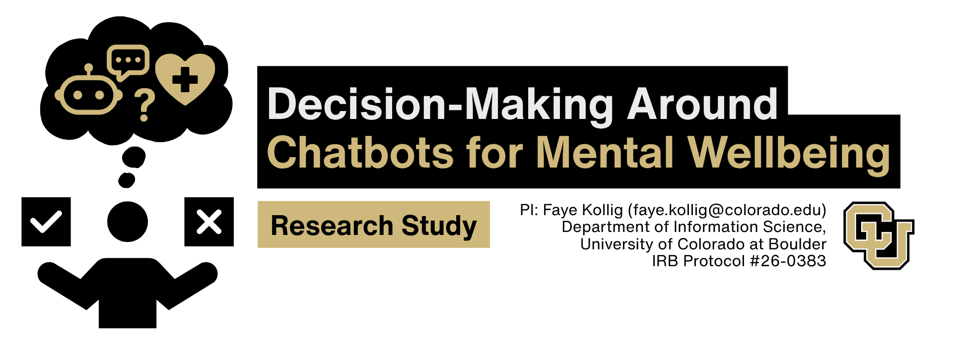 Decision-Making Around Chatbots for Mental Wellbeing Research Study. PI: Faye Kollig (faye.kollig@colorado.edu) department of information science, university of Colorado at Boulder IRB Protocol number 26 - 0383