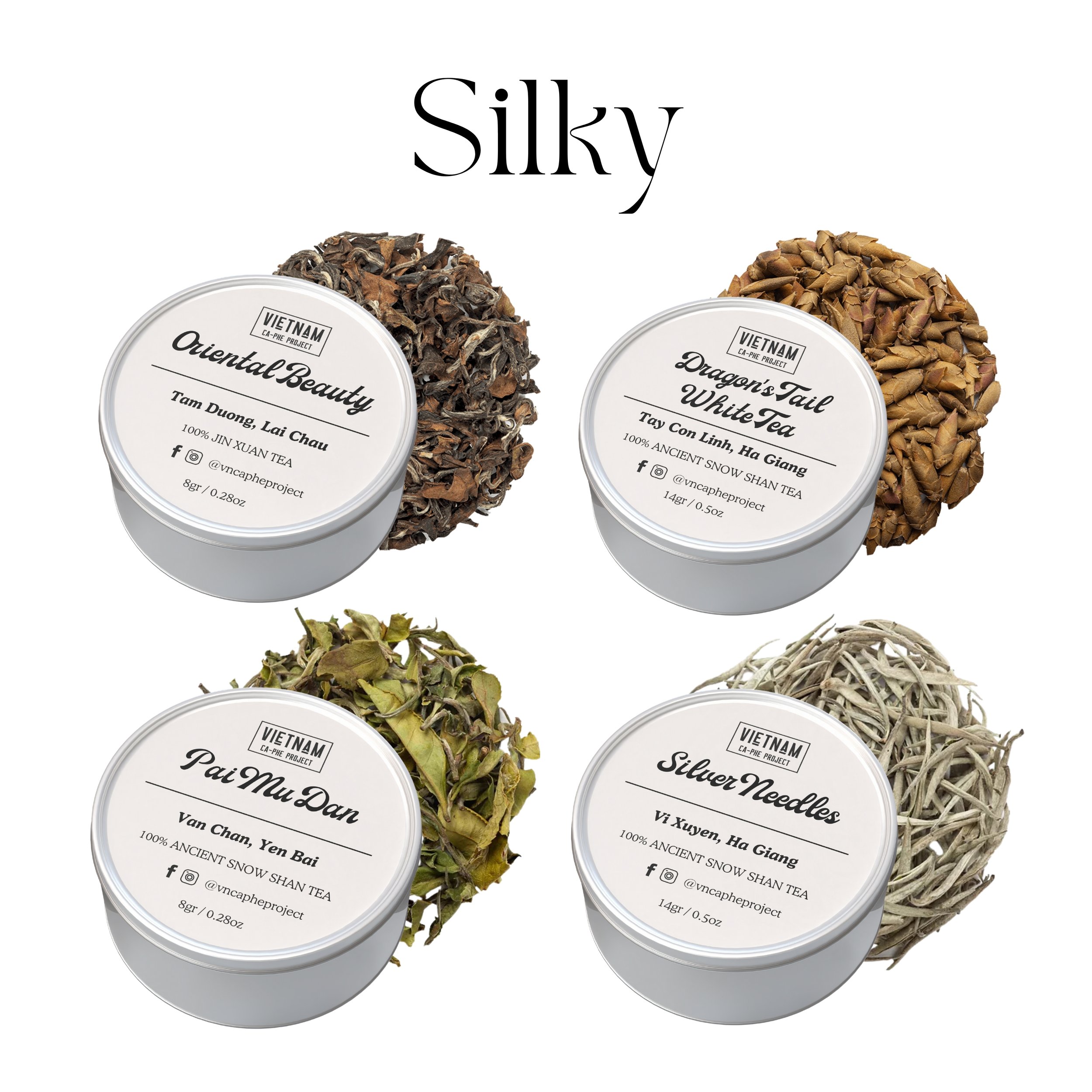 silky vietnamese loose leaf tea sample set includes oriental beauty oolong, dragon's tail white tea, bai mu dan white peony tea, and silver needle white tea in aluminum tins