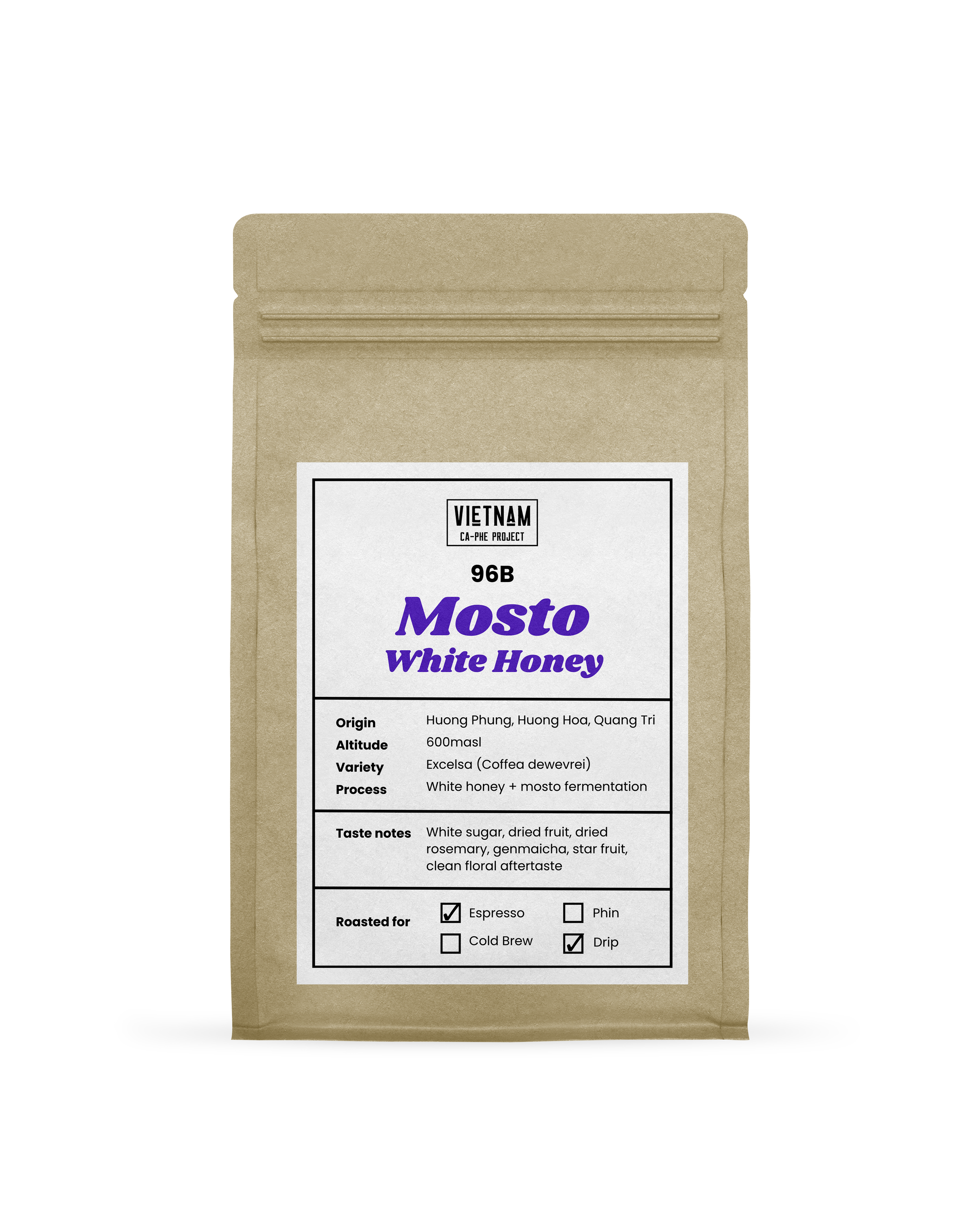 96b mosto white honey excelsa liberica coffee kraft bag