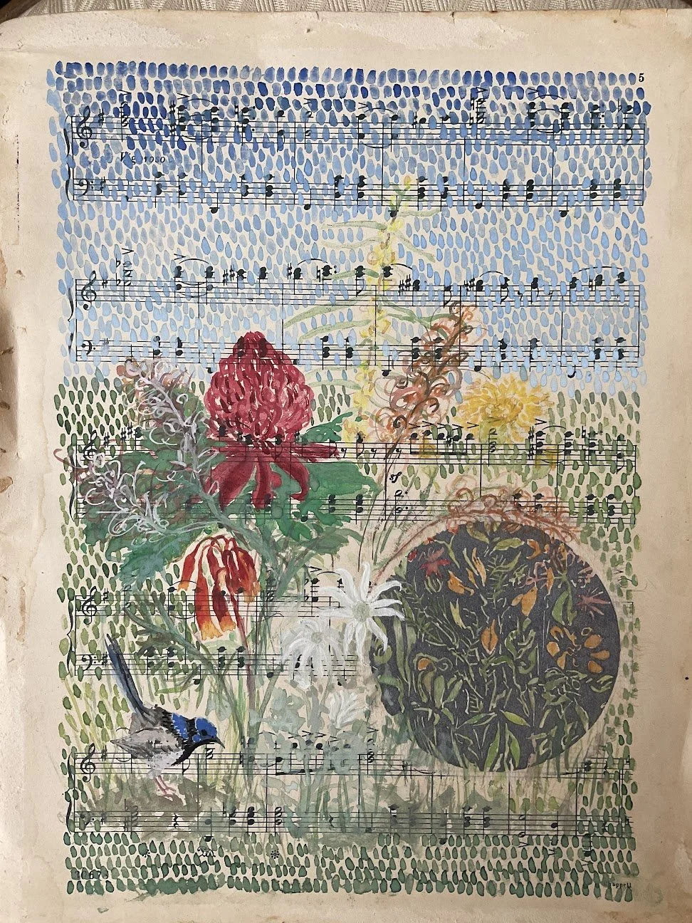" Valse with Wren"	watercolour with lino print insert. SOLD