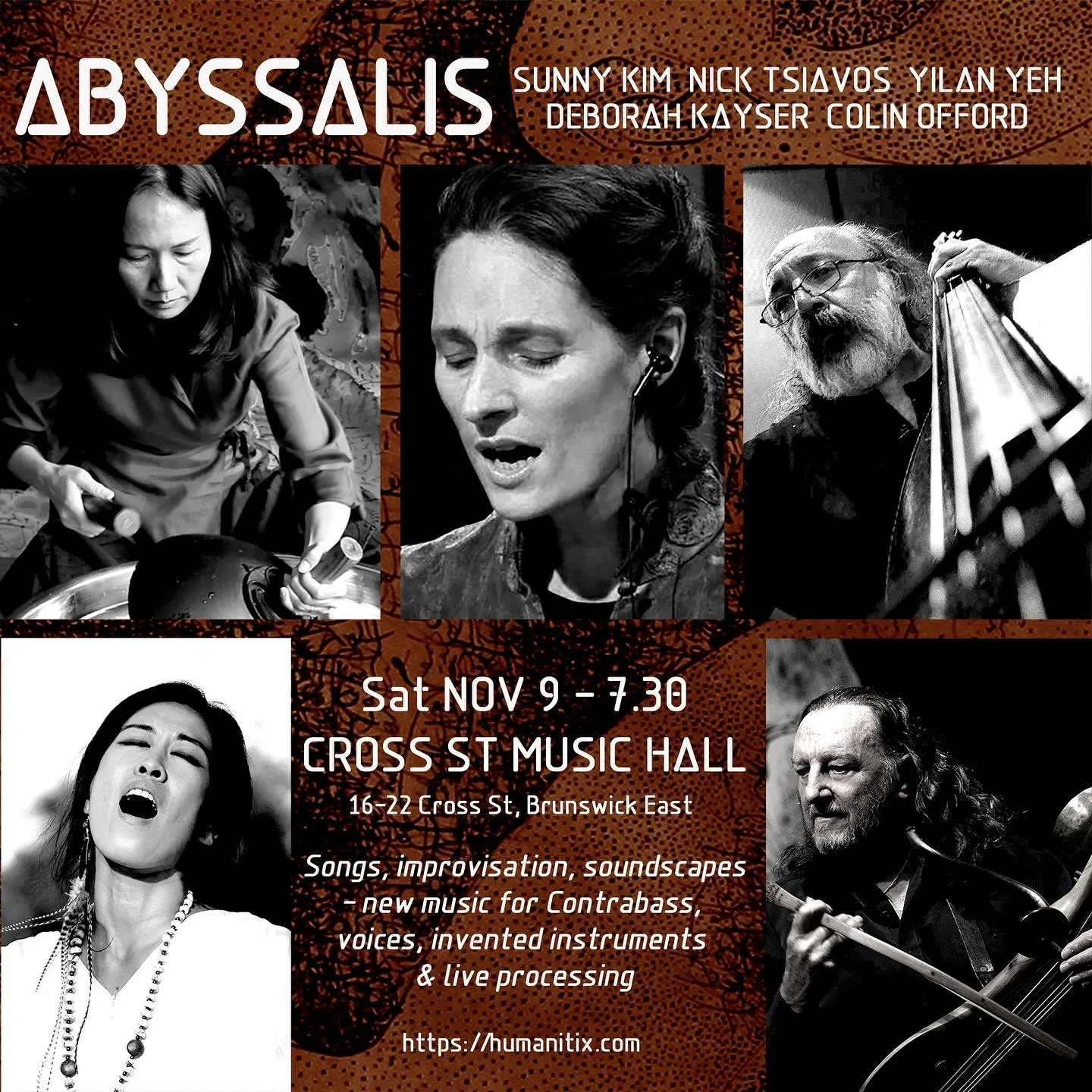 I’m thrilled to be performing alongside some truly extraordinary Australian musicians and improvisers - Deborah Kayser, Nick Tsiavos, Yilan Yeh, and Colin Offord. Each of these artists has carved a singular path in their musical journey, and it