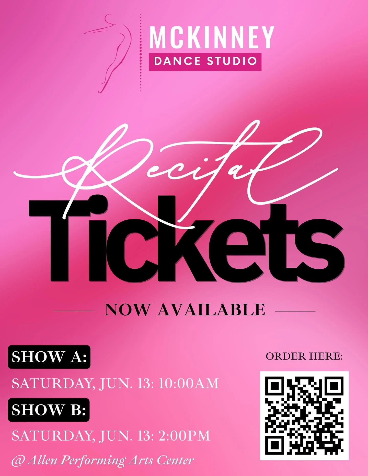 🩷🪩 Recital Tickets Are LIVE! 🪩🩷

We can&rsquo;t wait to see our dancers shine in our end of year recital! ✨ Tickets for this year&rsquo;s dance recital are now officially available for purchase!

🎟️ Important details:
🪩 Dancers do NOT need a ti
