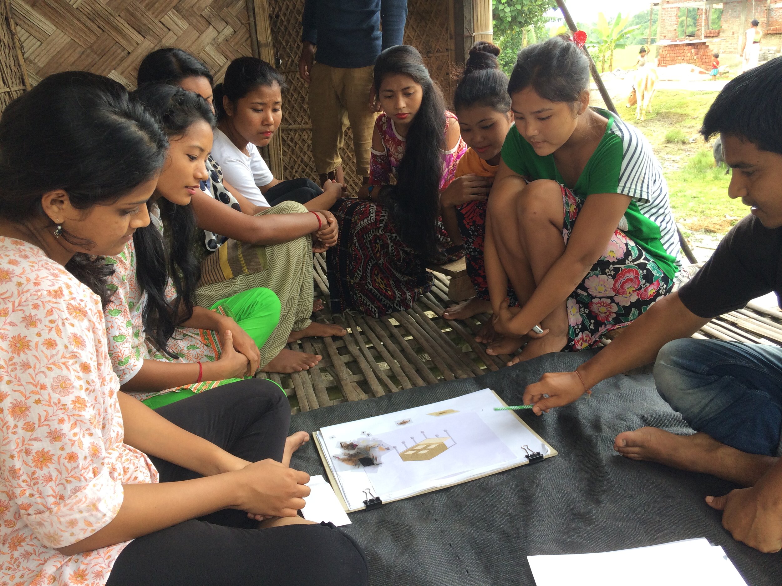 Activity with young girls in a village of Lakhimpur district, asking them to imagine their ideal space allocation in a house