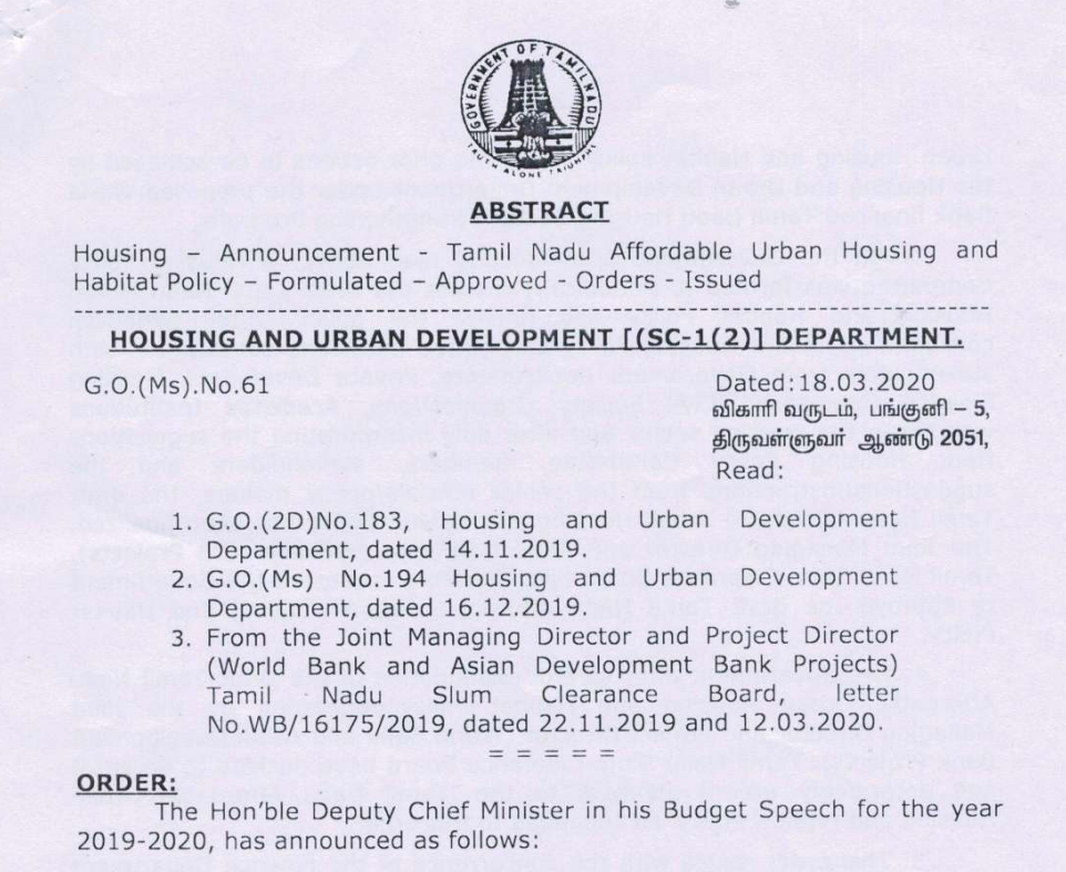 Tamil Nadu Affordable Urban Housing and Habitat Policy — Indian Housing Federation