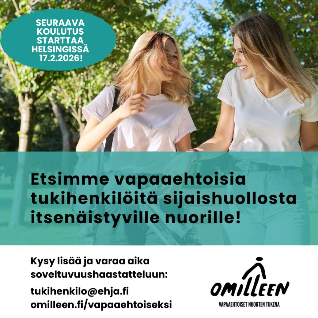 Oletko luotettava aikuinen ja kaipaatko el&auml;m&auml;&auml;si merkityksellist&auml; tekemist&auml;? Tule vapaaehtoiseksi tukihenkil&ouml;ksi sijaishuollosta itsen&auml;istyv&auml;lle nuorelle! 💛

❤️Omilleen-toiminnassa toimit vapaaehtoisena tukihe