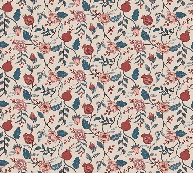 🤓 Nerd Alert! I call this the vintage version of my pomegranate pattern. It was inspired by some beautiful chinz fabrics I saw at the Victoria &amp; Albert museum in London last year. The oldest known dyed textiles found in India date back to 2500 B