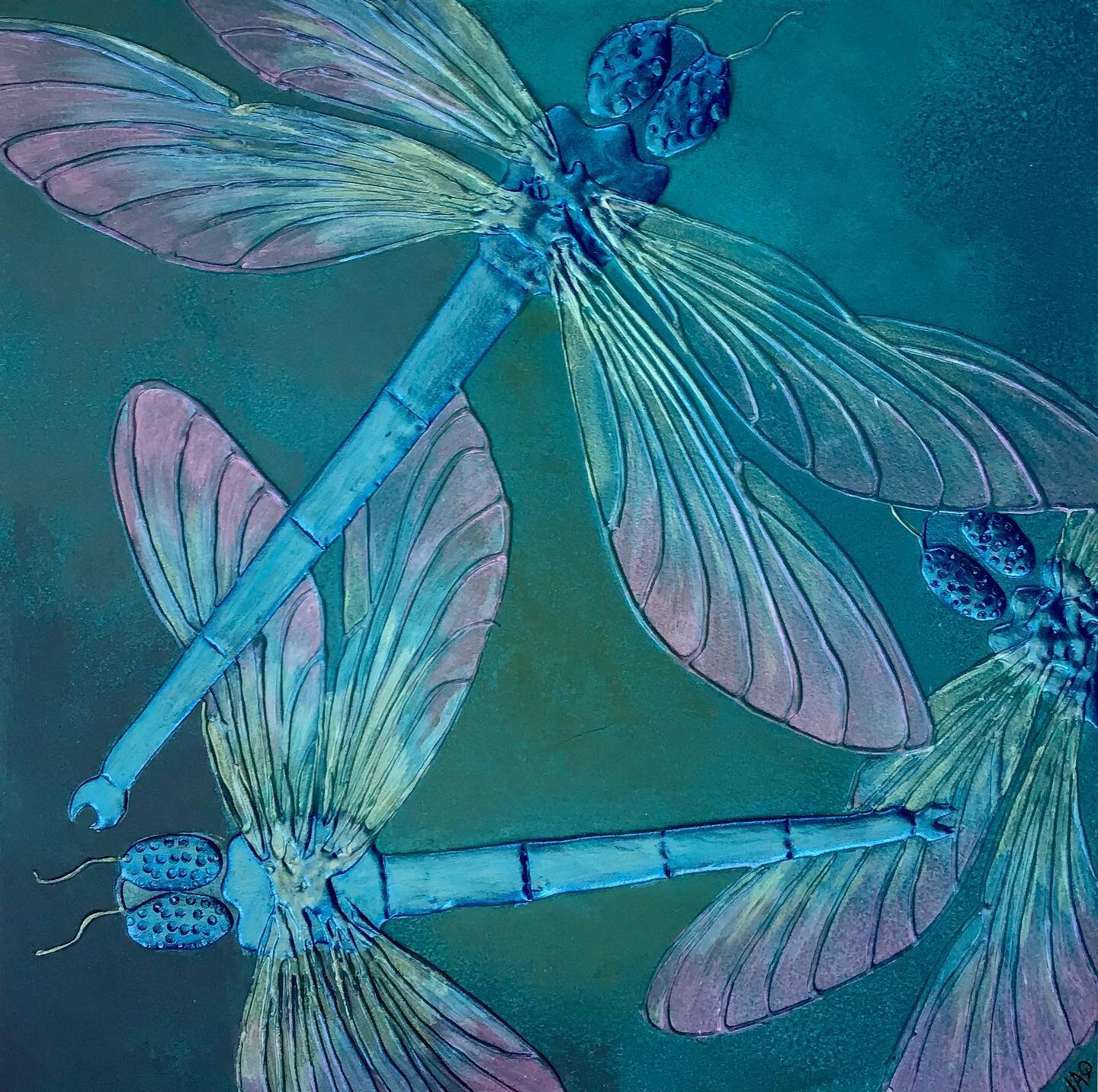 3 Dragonflies 12&rdquo;x12&rdquo; in relief on panel painted in acrylics. Coming soon jminteriorartist.com website.
 #DecorativeArts #DecorativePanels #RaisedGesso #ArtPanel #Interiordesign #Interiorart #Customartanddesign  #Artanddesign #historicdec