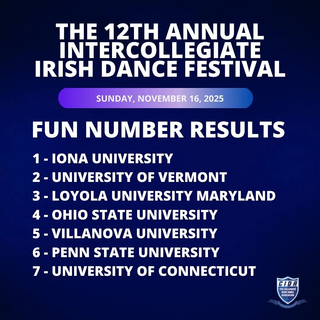 💜💙 Villanova Intercollegiate Irish Dance Festival 2025 Results 📢

Congratulations to @ionairishdance, winners of CIDA&rsquo;s signature Fun Number competition!