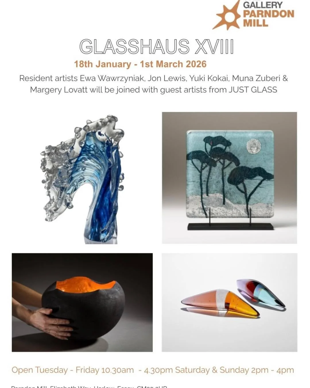 I am really proud to be exhibiting my Cresting Waves with Just Glass at Parndon Mill Gallery, Harlow, as part of the Glasshaus XVIII exhibition until the 1st of March.

https://www.parndonmillgallery.org

https://www.just-glass.co.uk/current-exhibiti