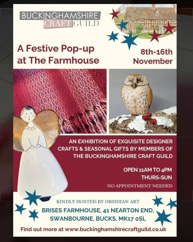 A festive pop-up by Buckinghamshire Craft Guild at Swanbourne, Buckinghamshire, MK17 OSL opens this Thursday in a beautiful farmhouse. 
It will feature some of my glass as well as work from other talented guild members.
Pop along and take a look! 
Op