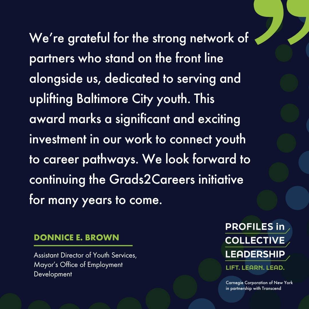 Celebrating collaborative success: Last week, we proudly announced that @carnegiecorp has recognized @bmoreg2c as a model of collective leadership. Grads2Careers owes its success to its extensive collaboration across various city systems, which inclu