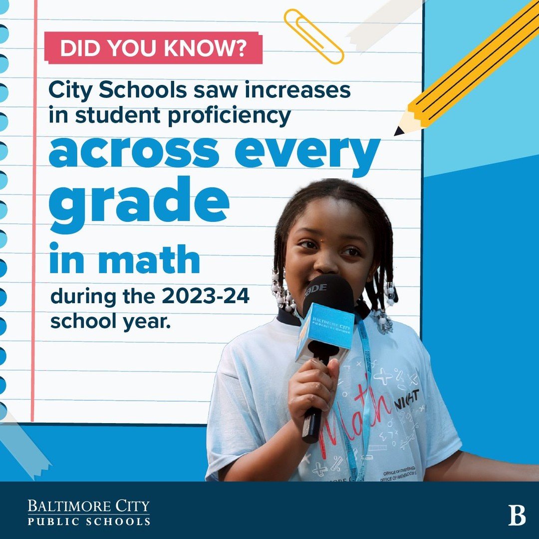 Let&rsquo;s give it up for City Schools students! They continued a three-year run of improvement in math scores on the MCAP tests during the 2023-24 school year, outpacing statewide growth!
 
Interested in learning more about education trends in Balt