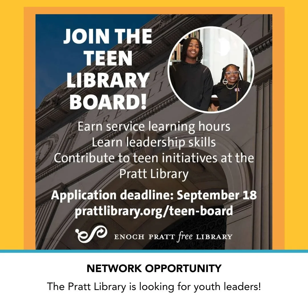 NETWORK OPPORTUNITY

Baltimore City teens in grades 9&ndash;12: Applications are open for the Teen Library Board at @prattlibrary!

This program gives you the chance to:

🟨 Earn at least 26 service-learning hours
🟧 Help shape library programs and s