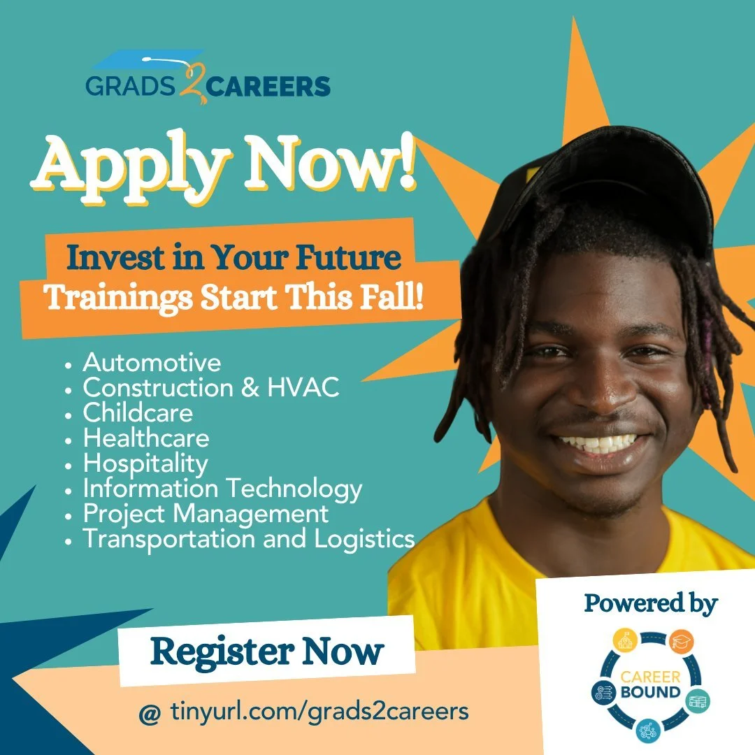 Your future. Your choice.
Baltimore City residents ages 18–24 — ready to launch your career? 
The 2025-2026 Grads2Careers application is OPEN!
Get FREE career training in high-growth industries like automotive tech, construction, transp