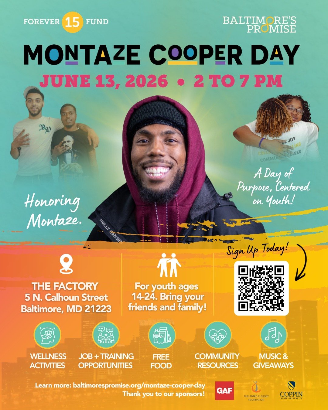 Join us on June 13 from 2-7pm for Montaze Cooper Day at The Factory, @westbaltren 

Register at: https://www.baltimorespromise.org/montaze-cooper-day

Youth and young adults ages 14&ndash;24, this space is for you! Bring your friends, siblings, famil