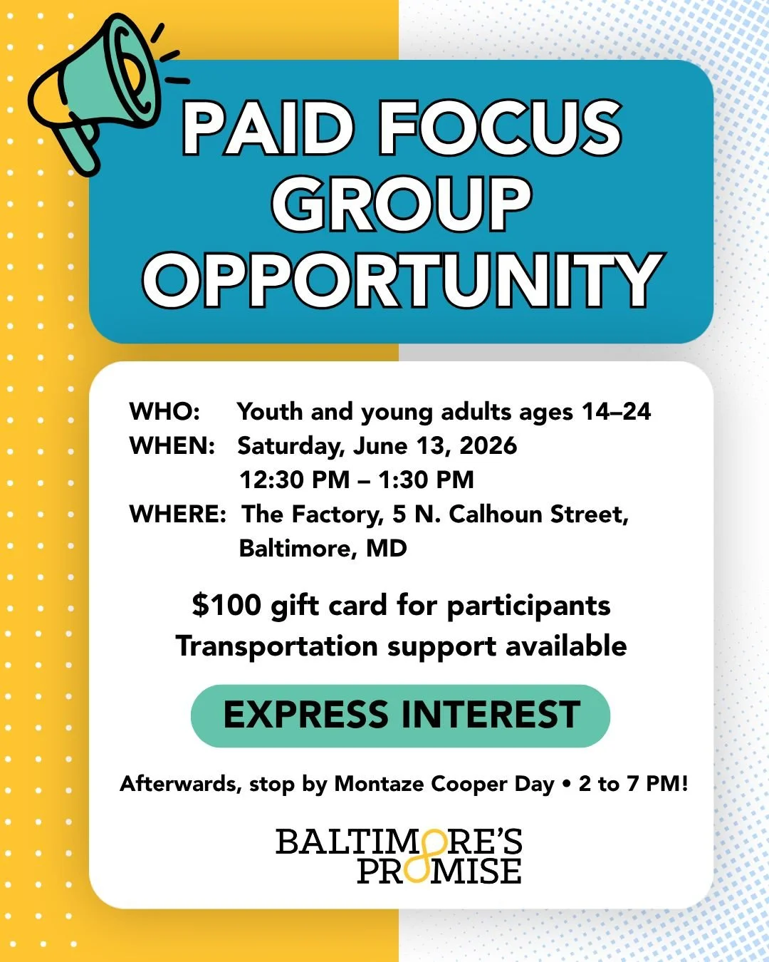 Baltimore youth, we want to hear from YOU! 🗣

As part of the Youth Well-Being Landscape project, @baltimorespromise is hosting PAID youth focus groups for young people ages 14-24 in Baltimore City to better understand their experiences, needs, and w