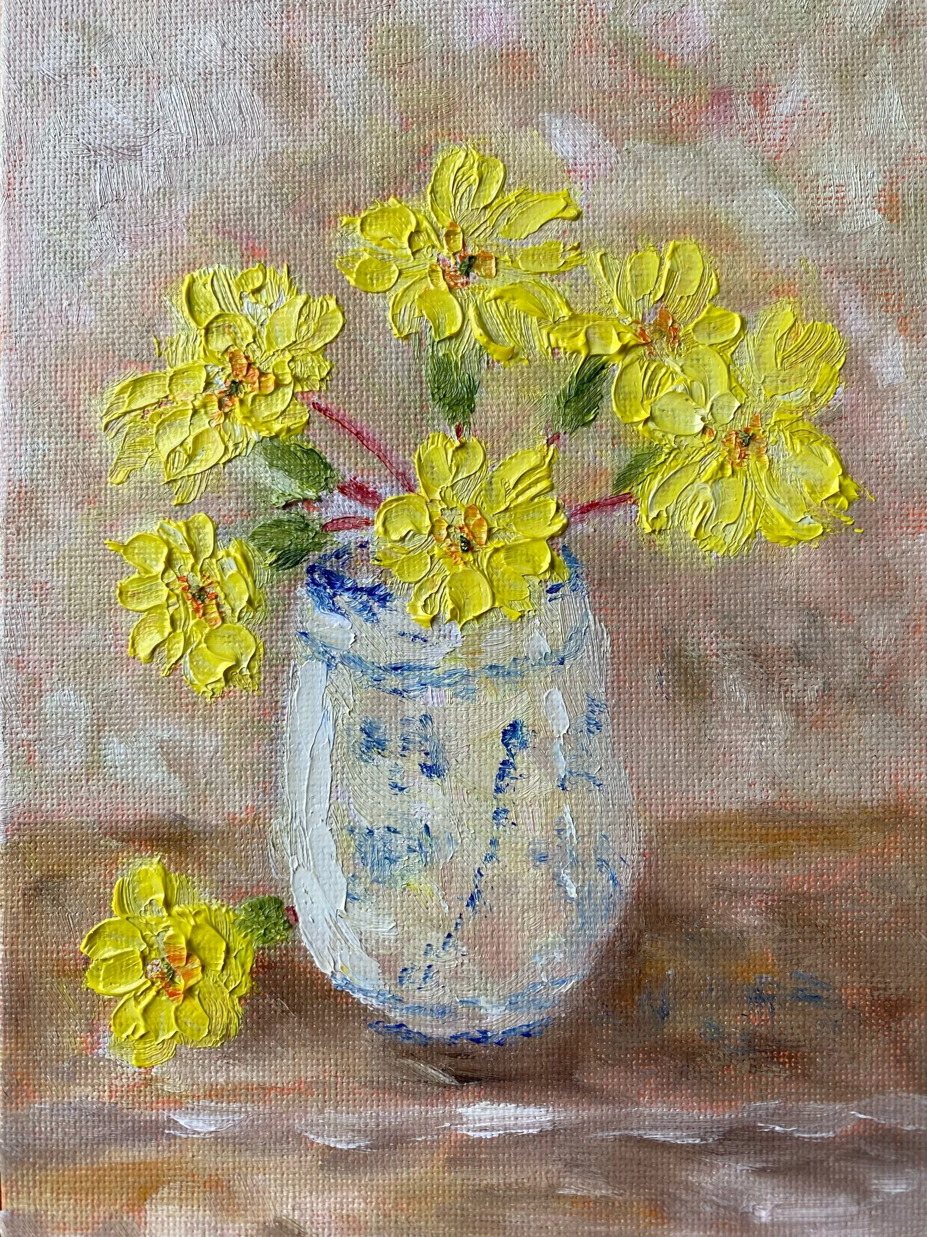 Primroses in Pottery Vase