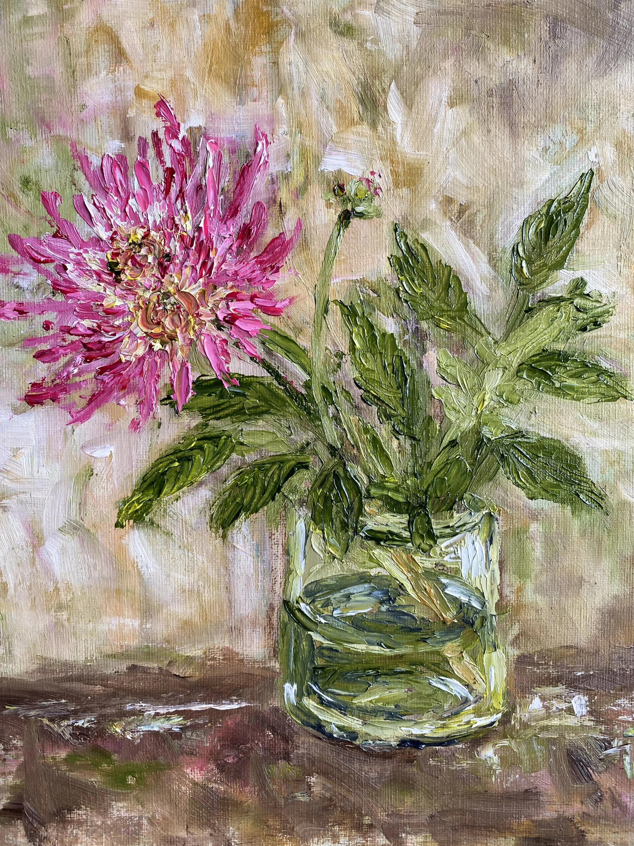 Dahlias in Green Vase
