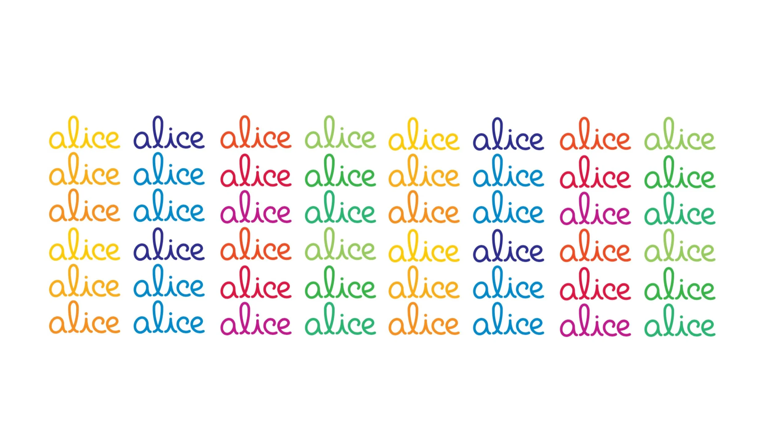  Lines and rows of "Alice" written over and over again in different colors 
