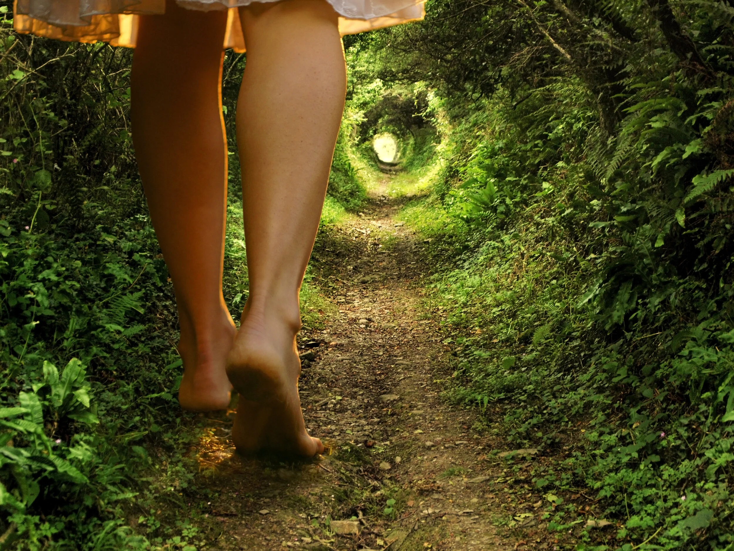 A girl walks down a trail surrounded by greenery				