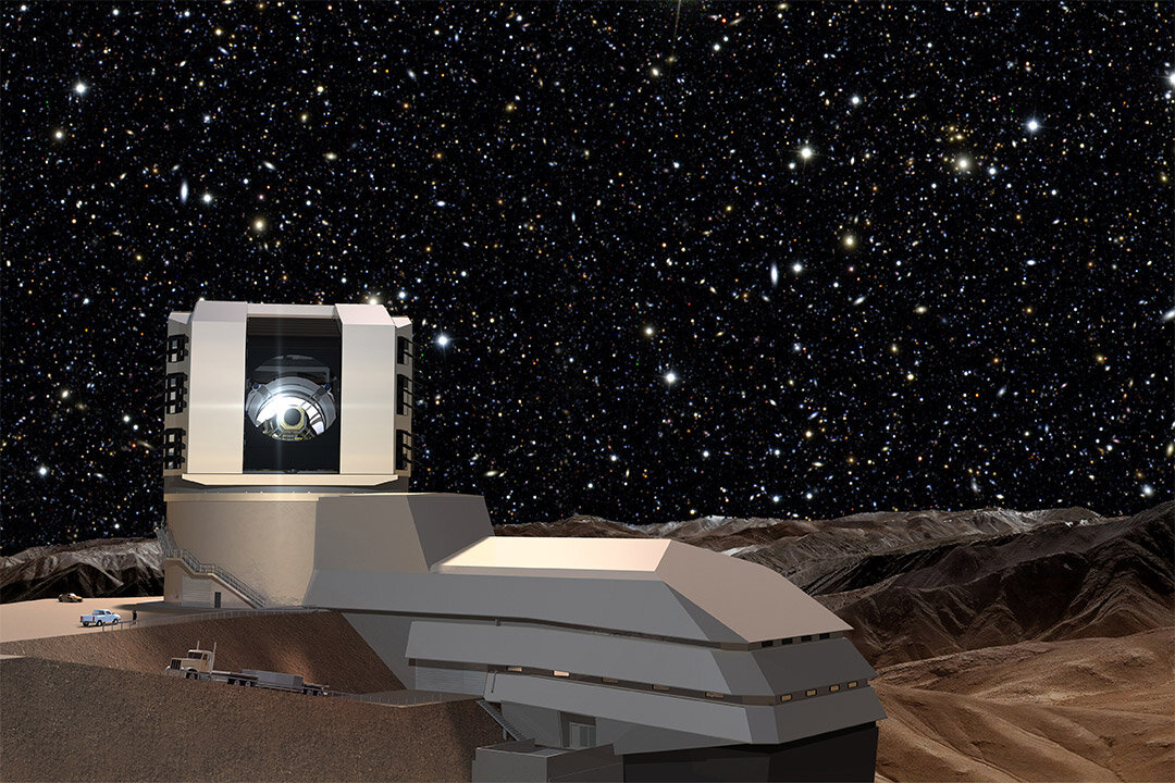 A starry night sky provides a background for the LSST facilities building on Cerro Pachón. The LSST will carry out a deep, 10-year imaging survey in six broad optical bands over the main survey area of 18,000 square degrees. Image Credit: Todd Mason, Mason Productions Inc. / LSST Corporation