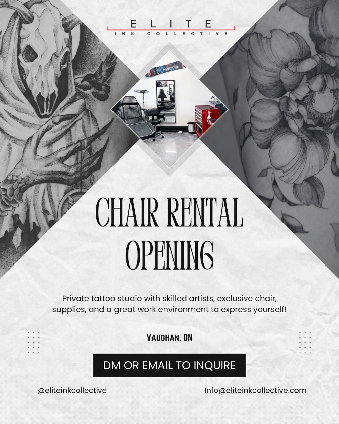 Attention Local Artists! We have a chair opening for rental starting January 1st. If you live in the area and are looking for a professional, clean studio with a stellar work environment and like minded artists, you just found it! Send us a DM or Ema