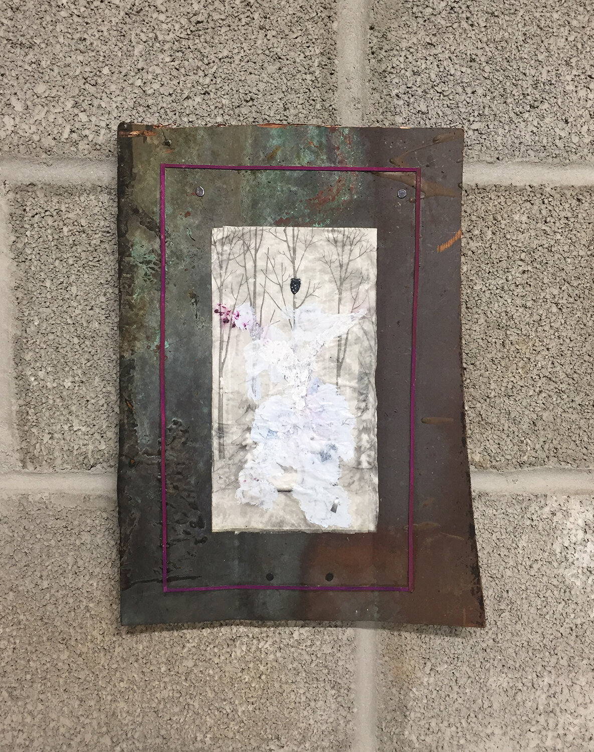 White Night, 2018, gouache and glue on napkin, cardboard and nails on corroded brass, 12 ¾ x 9 3/8 inches