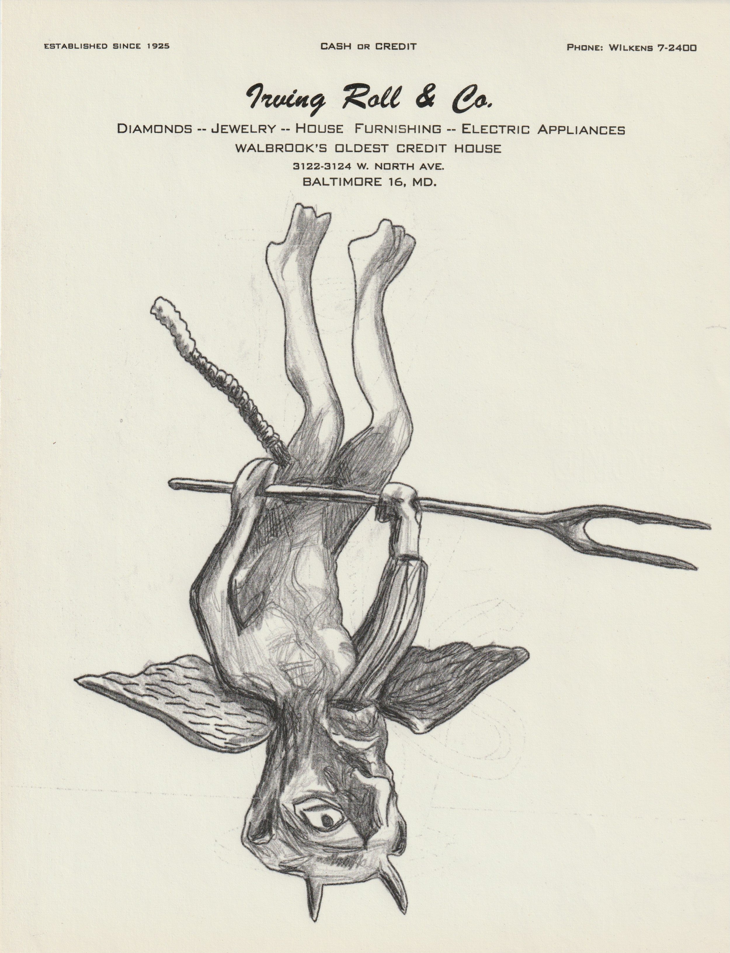  Untitled, 2021 Graphite transfer drawing on 1960’s pawnshop letterhead paper 11 x 8.5 inches 