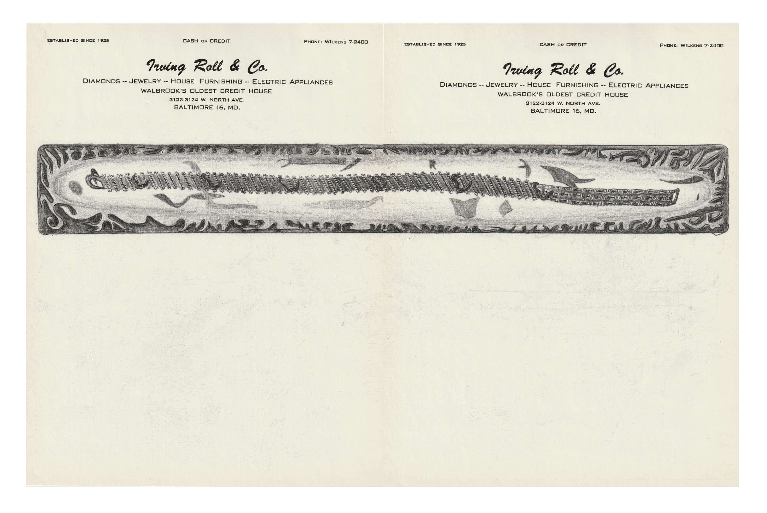  Untitled, 2021 Graphite transfer drawing on 1960’s pawnshop letterhead paper 11 x 17 inches 