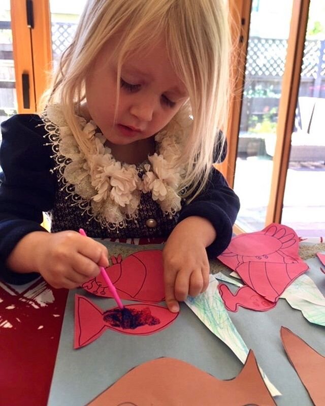 Ocean life art project from the early stages to the beautiful finished piece done by our very own Romy 😃@laurajames00 #marinchildrenscottage  #preschoolart #marincounty #marin