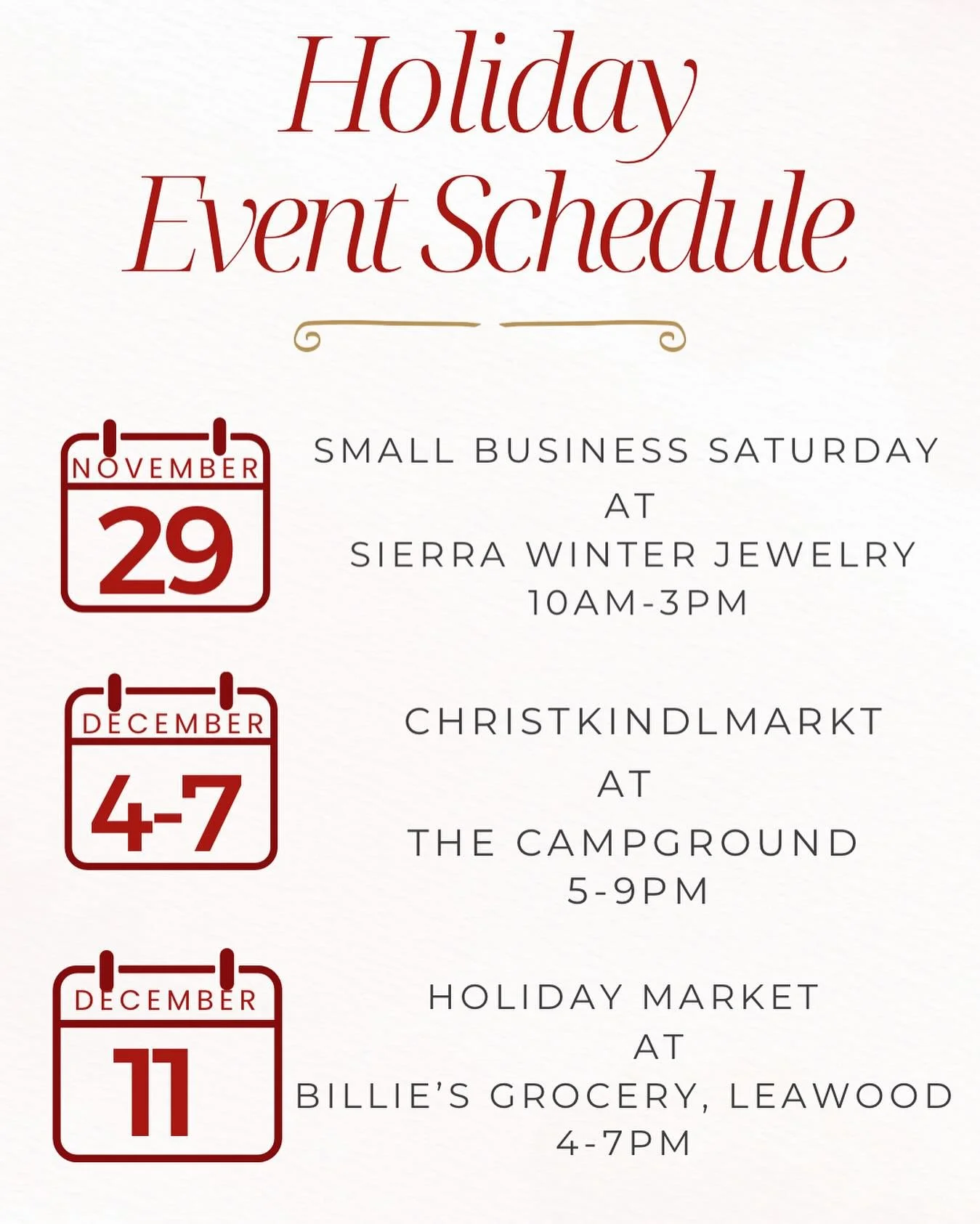 It may be 75 degrees today, but sure enough it&rsquo;s time to announce our holiday event schedule ✨ We hope to see you out and about this holiday season, supporting small businesses and makers! Remember, Jeff Bezos doesn&rsquo;t need anymore money, 
