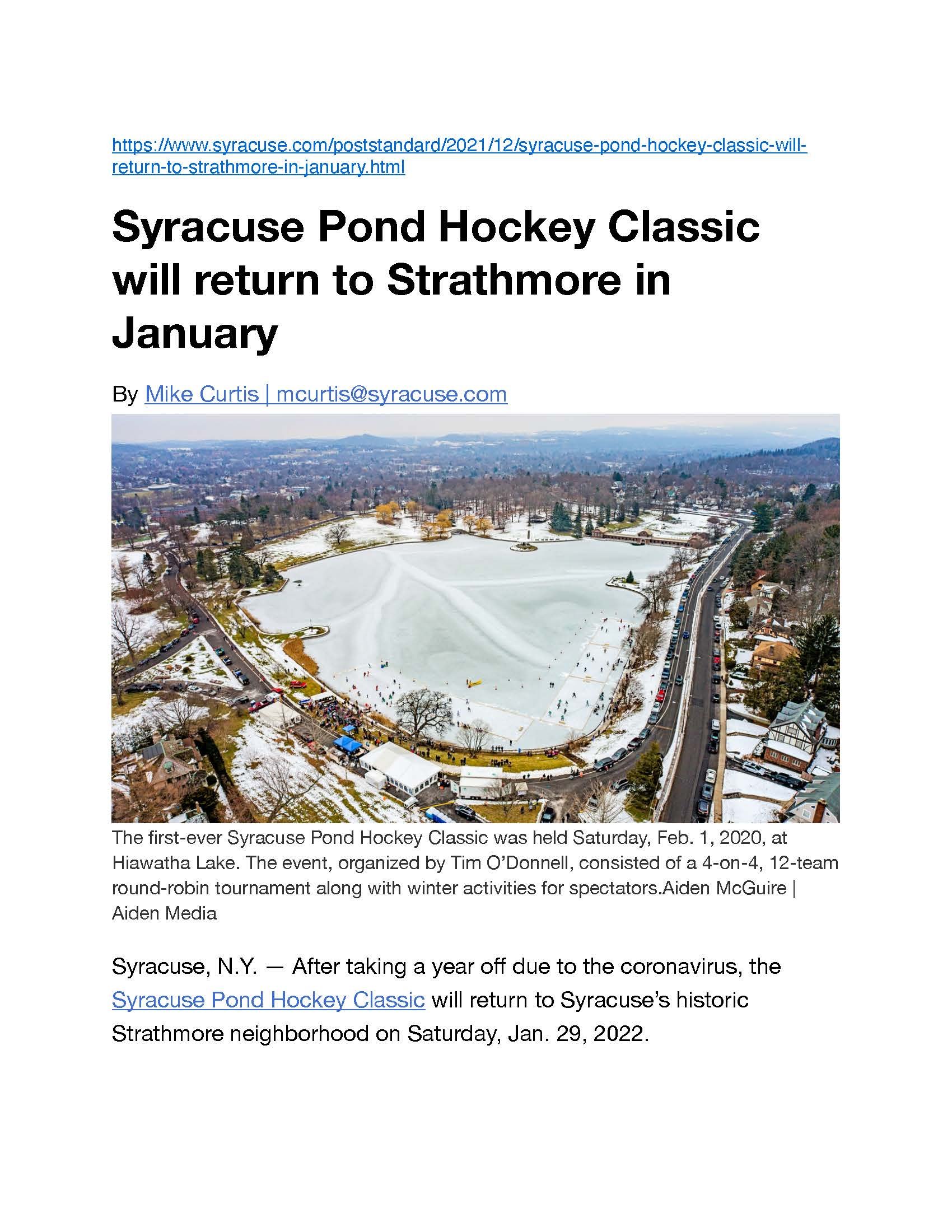 Syracuse Pond Hockey Classic will return to Strathmore in January 