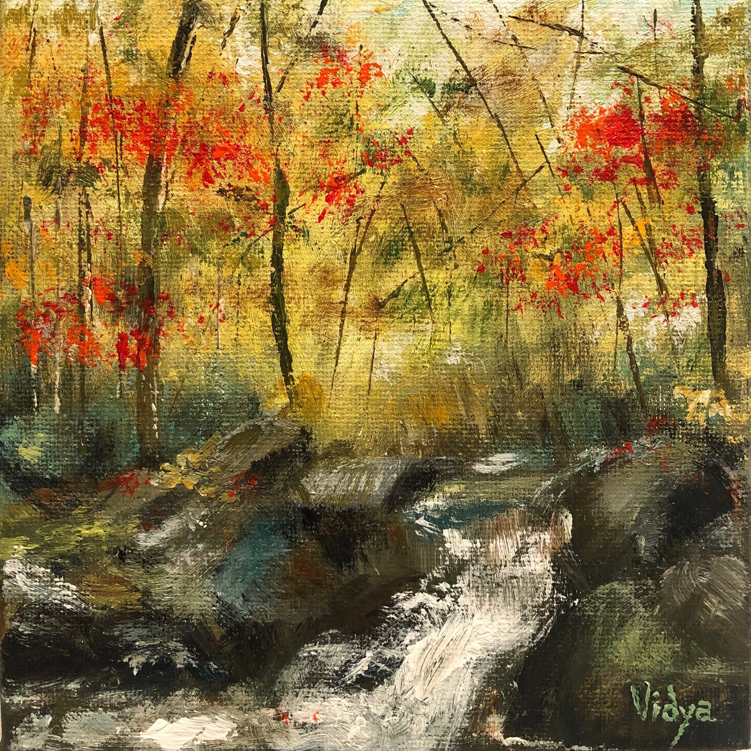 A small composition, a Forest, small gurgling stream over rocks, autumn hues. In this painting much importance is given to the application of brush strokes - the direction, pressure, amount of paint on the brush - together they bring out the energy o