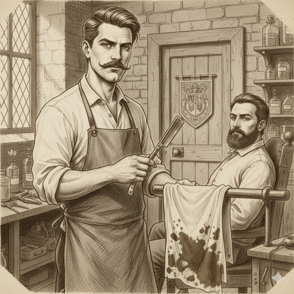 A vintage black-and-white photograph of a Victorian barber-surgeon with a traditional cut-throat razor, representing the 700-year grooming legacy in the City of London.