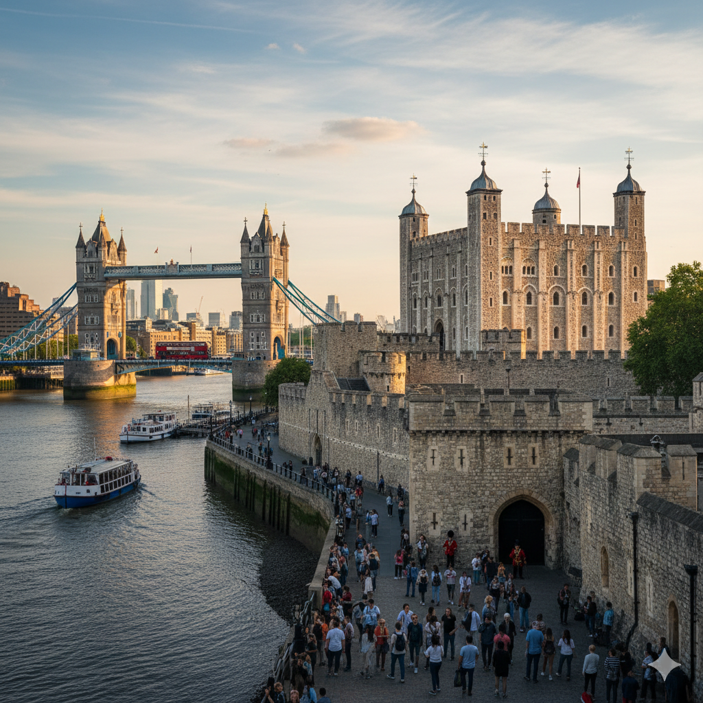 A cinematic, vintage-style view of the Tower of London at dusk, reflecting the deep heritage and historic atmosphere of the Square Mile near The House of Thrix barbershop.